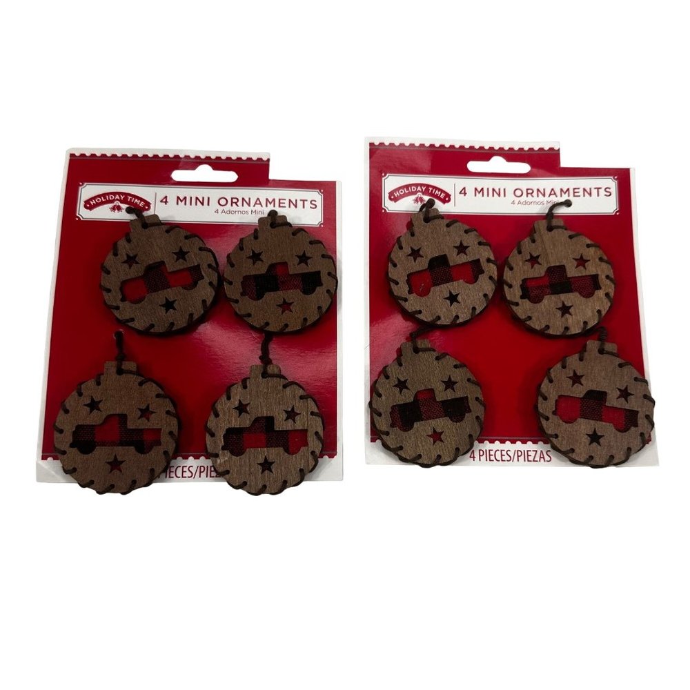Holiday Time 8 Mini Ornaments Wooden Disc With Plaid Truck New